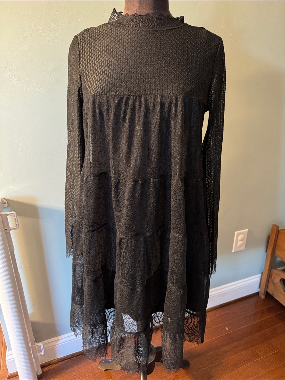 AllSaints Black Lace Long-Sleeve Tiered Midi Dress